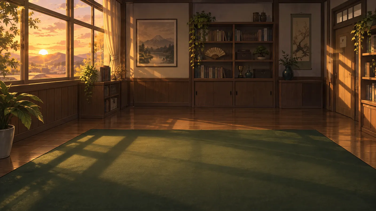 Sunset Mahjong Club key art: a wooden mahjong table in a warm club room at dusk